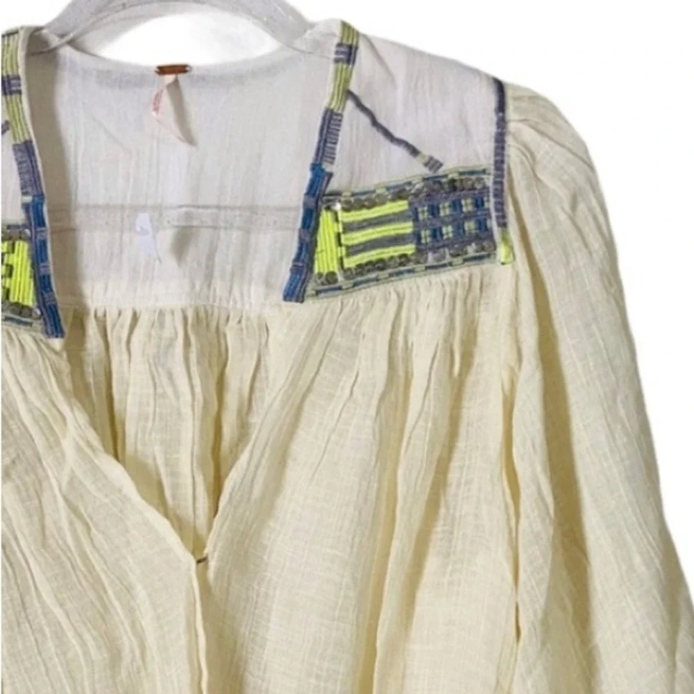 Free People Cream‎ Gauze Embroidered Sequin Boho Blouse Top XS